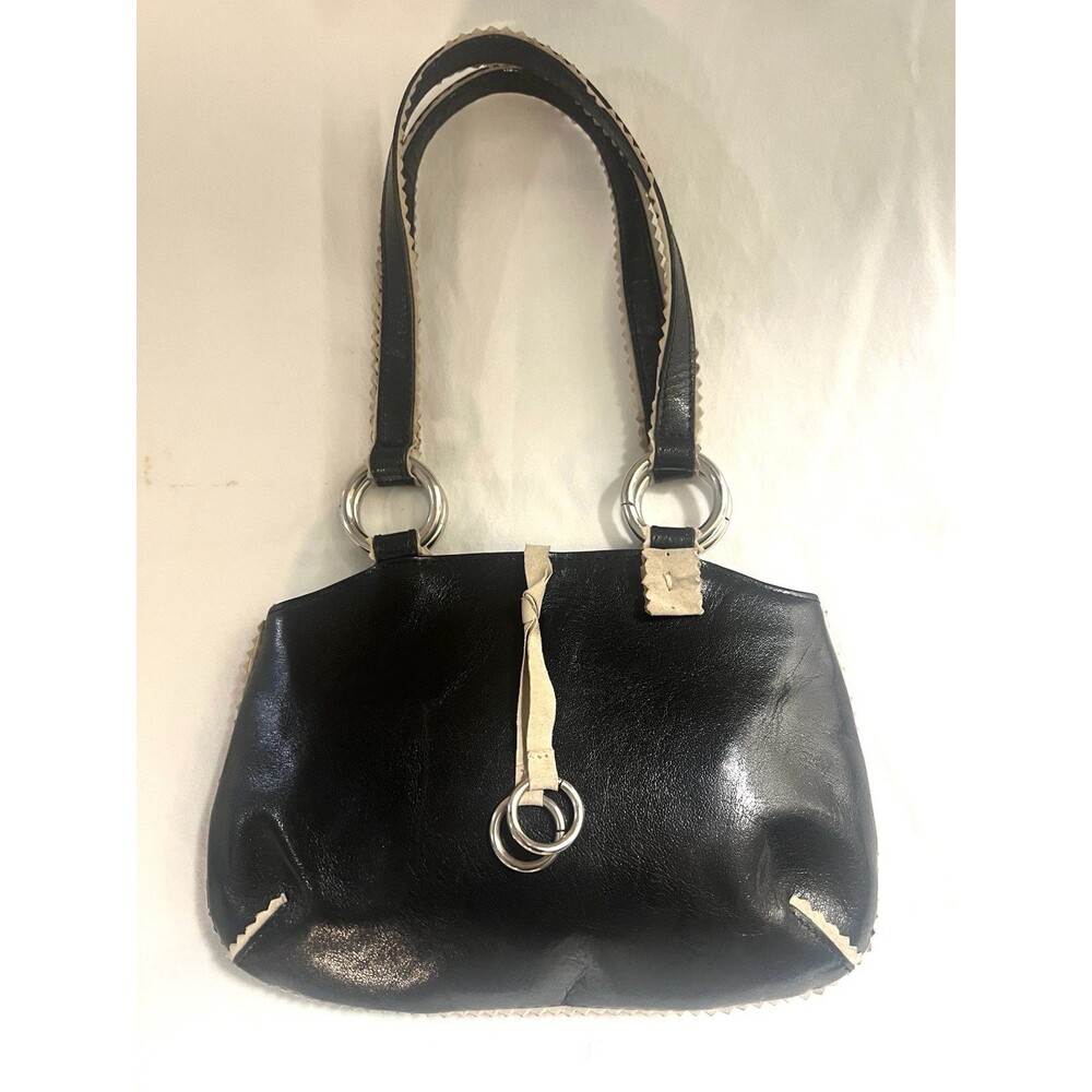 VTG M. London Vintage Y2K Black Leather Baguette Handbag Contrast Cream Trim